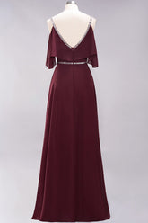 Burgundy Cold-shoulder Long Bridesmaid Dress With Half Sleeve-27dress